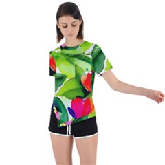 Watercolor Flowers Leaves Foliage Nature Floral Spring Asymmetrical Short Sleeve Sports T-shirt by Maspions