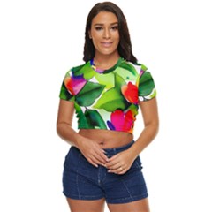 Watercolor Flowers Leaves Foliage Nature Floral Spring Side Button Cropped T-shirt