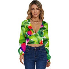 Watercolor Flowers Leaves Foliage Nature Floral Spring Long Sleeve Deep-v Velour Top