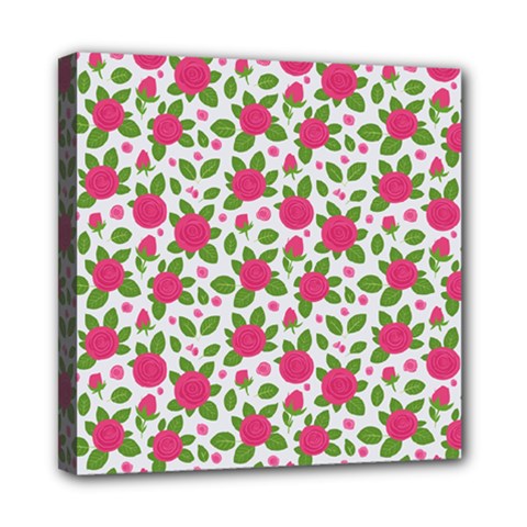 Flowers Leaves Roses Pattern Floral Nature Background Mini Canvas 8  X 8  (stretched)