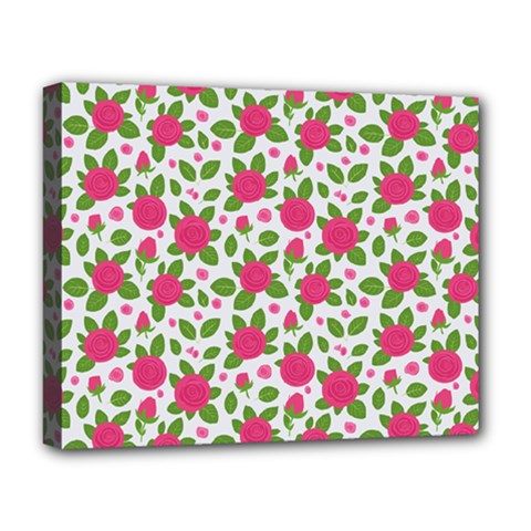 Flowers Leaves Roses Pattern Floral Nature Background Deluxe Canvas 20  X 16  (stretched)