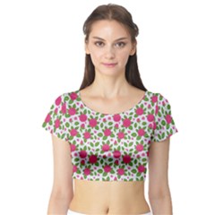 Flowers Leaves Roses Pattern Floral Nature Background Short Sleeve Crop Top