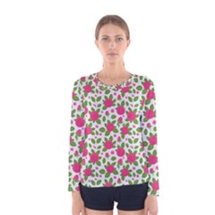 Flowers Leaves Roses Pattern Floral Nature Background Women s Long Sleeve T-shirt