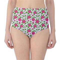 Flowers Leaves Roses Pattern Floral Nature Background Classic High-waist Bikini Bottoms by Maspions