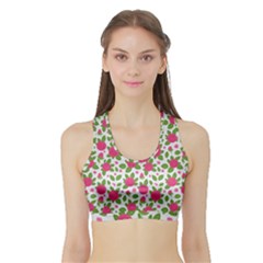 Flowers Leaves Roses Pattern Floral Nature Background Sports Bra With Border