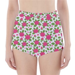 Flowers Leaves Roses Pattern Floral Nature Background High-waisted Bikini Bottoms by Maspions