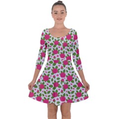 Flowers Leaves Roses Pattern Floral Nature Background Quarter Sleeve Skater Dress