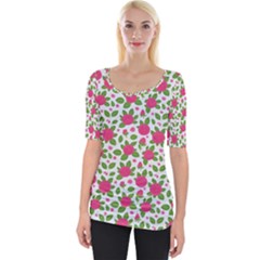 Flowers Leaves Roses Pattern Floral Nature Background Wide Neckline T-shirt