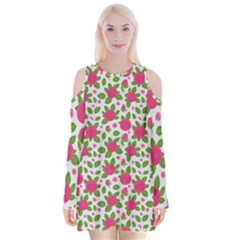 Flowers Leaves Roses Pattern Floral Nature Background Velvet Long Sleeve Shoulder Cutout Dress