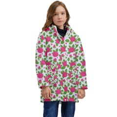 Flowers Leaves Roses Pattern Floral Nature Background Kids  Hooded Longline Puffer Jacket