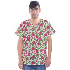 Flowers Leaves Roses Pattern Floral Nature Background Men s V-neck Scrub Top