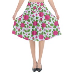 Flowers Leaves Roses Pattern Floral Nature Background Flared Midi Skirt