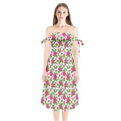 Flowers Leaves Roses Pattern Floral Nature Background Shoulder Tie Bardot Midi Dress