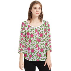 Flowers Leaves Roses Pattern Floral Nature Background Chiffon Quarter Sleeve Blouse