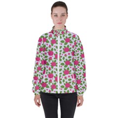 Flowers Leaves Roses Pattern Floral Nature Background Women s High Neck Windbreaker