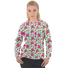 Flowers Leaves Roses Pattern Floral Nature Background Women s Overhead Hoodie by Maspions