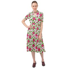 Flowers Leaves Roses Pattern Floral Nature Background Keyhole Neckline Chiffon Dress