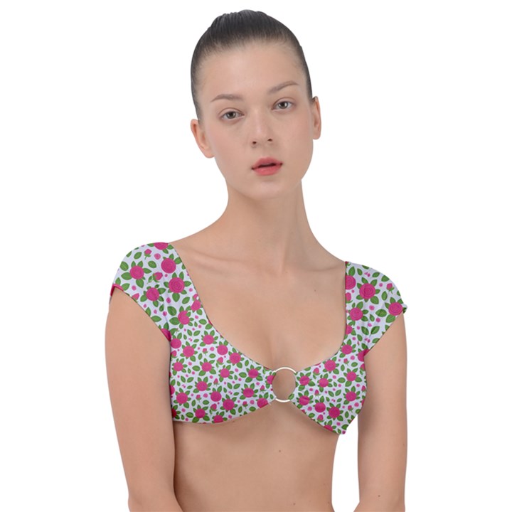 Flowers Leaves Roses Pattern Floral Nature Background Cap Sleeve Ring Bikini Top