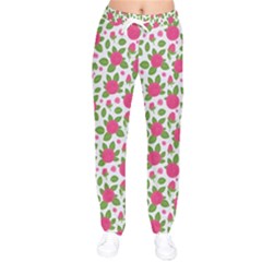 Flowers Leaves Roses Pattern Floral Nature Background Women Velvet Drawstring Pants