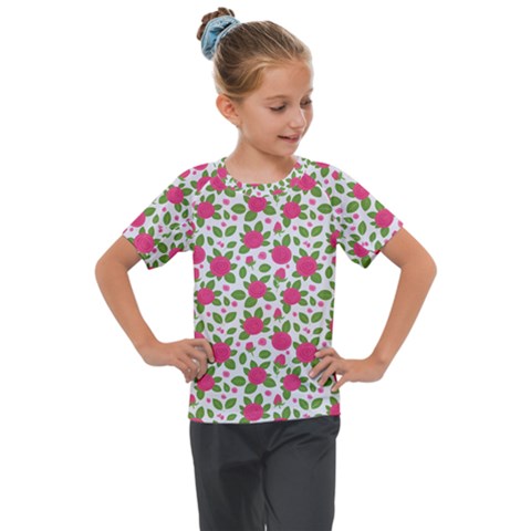 Flowers Leaves Roses Pattern Floral Nature Background Kids  Mesh Piece T-shirt by Maspions