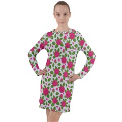 Flowers Leaves Roses Pattern Floral Nature Background Long Sleeve Hoodie Dress by Maspions