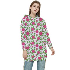 Flowers Leaves Roses Pattern Floral Nature Background Women s Long Oversized Pullover Hoodie by Maspions