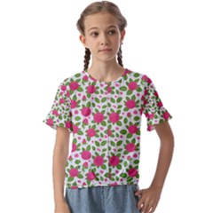 Flowers Leaves Roses Pattern Floral Nature Background Kids  Cuff Sleeve Scrunch Bottom T-shirt