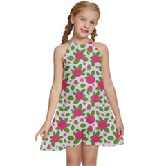 Flowers Leaves Roses Pattern Floral Nature Background Kids  Halter Collar Waist Tie Chiffon Dress by Maspions