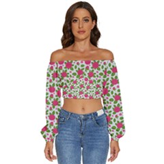 Flowers Leaves Roses Pattern Floral Nature Background Long Sleeve Crinkled Weave Crop Top