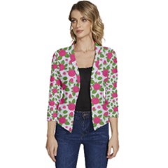 Flowers Leaves Roses Pattern Floral Nature Background Women s Casual 3/4 Sleeve Spring Jacket