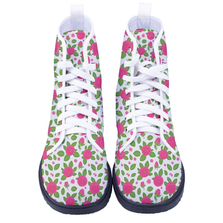 Flowers Leaves Roses Pattern Floral Nature Background Kid s High-Top Canvas Sneakers