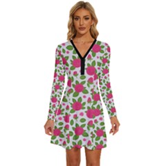 Flowers Leaves Roses Pattern Floral Nature Background Long Sleeve Deep V Mini Dress 