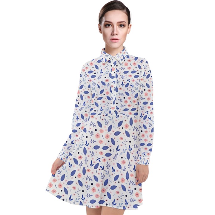 Background Pattern Floral Leaves Flowers Long Sleeve Chiffon Shirt Dress