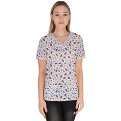 Background Pattern Floral Leaves Flowers Women s V-neck Scrub Top