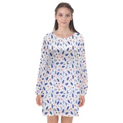 Background Pattern Floral Leaves Flowers Long Sleeve Chiffon Shift Dress 