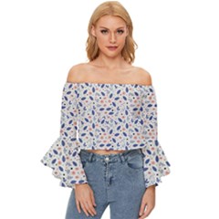 Background Pattern Floral Leaves Flowers Off Shoulder Flutter Bell Sleeve Top