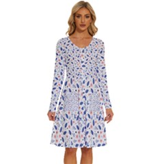 Background Pattern Floral Leaves Flowers Long Sleeve Dress With Pocket