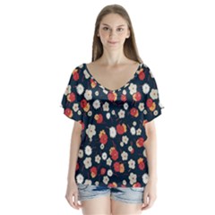 Flowers Pattern Floral Antique Floral Nature Flower Graphic V-neck Flutter Sleeve Top