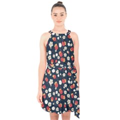 Flowers Pattern Floral Antique Floral Nature Flower Graphic Halter Collar Waist Tie Chiffon Dress