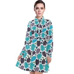 Leaves Monstera Pattern Nature Blue Purple Mauve Flora Long Sleeve Chiffon Shirt Dress by Maspions