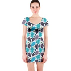 Leaves Monstera Pattern Nature Blue Purple Mauve Flora Short Sleeve Bodycon Dress