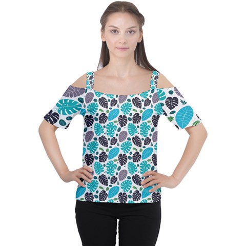 Leaves Monstera Pattern Nature Blue Purple Mauve Flora Cutout Shoulder T-shirt by Maspions