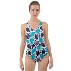 Leaves Monstera Pattern Nature Blue Purple Mauve Flora Cut-out Back One Piece Swimsuit