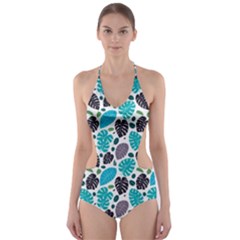 Leaves Monstera Pattern Nature Blue Purple Mauve Flora Cut-out One Piece Swimsuit