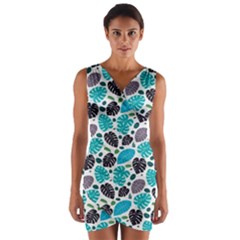 Leaves Monstera Pattern Nature Blue Purple Mauve Flora Wrap Front Bodycon Dress