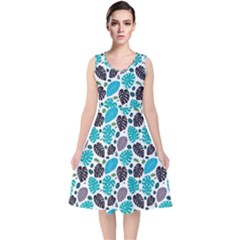 Leaves Monstera Pattern Nature Blue Purple Mauve Flora V-neck Midi Sleeveless Dress 