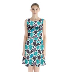 Leaves Monstera Pattern Nature Blue Purple Mauve Flora Sleeveless Waist Tie Chiffon Dress