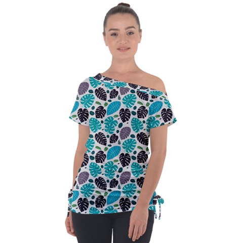 Leaves Monstera Pattern Nature Blue Purple Mauve Flora Off Shoulder Tie-up T-shirt by Maspions