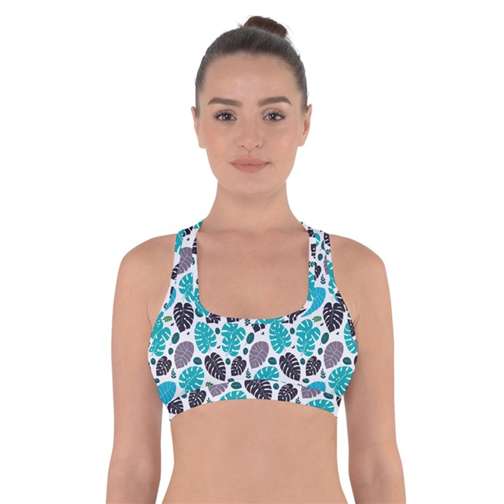 Leaves Monstera Pattern Nature Blue Purple Mauve Flora Cross Back Sports Bra