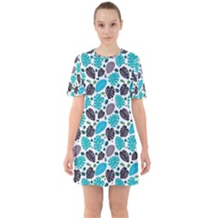 Leaves Monstera Pattern Nature Blue Purple Mauve Flora Sixties Short Sleeve Mini Dress